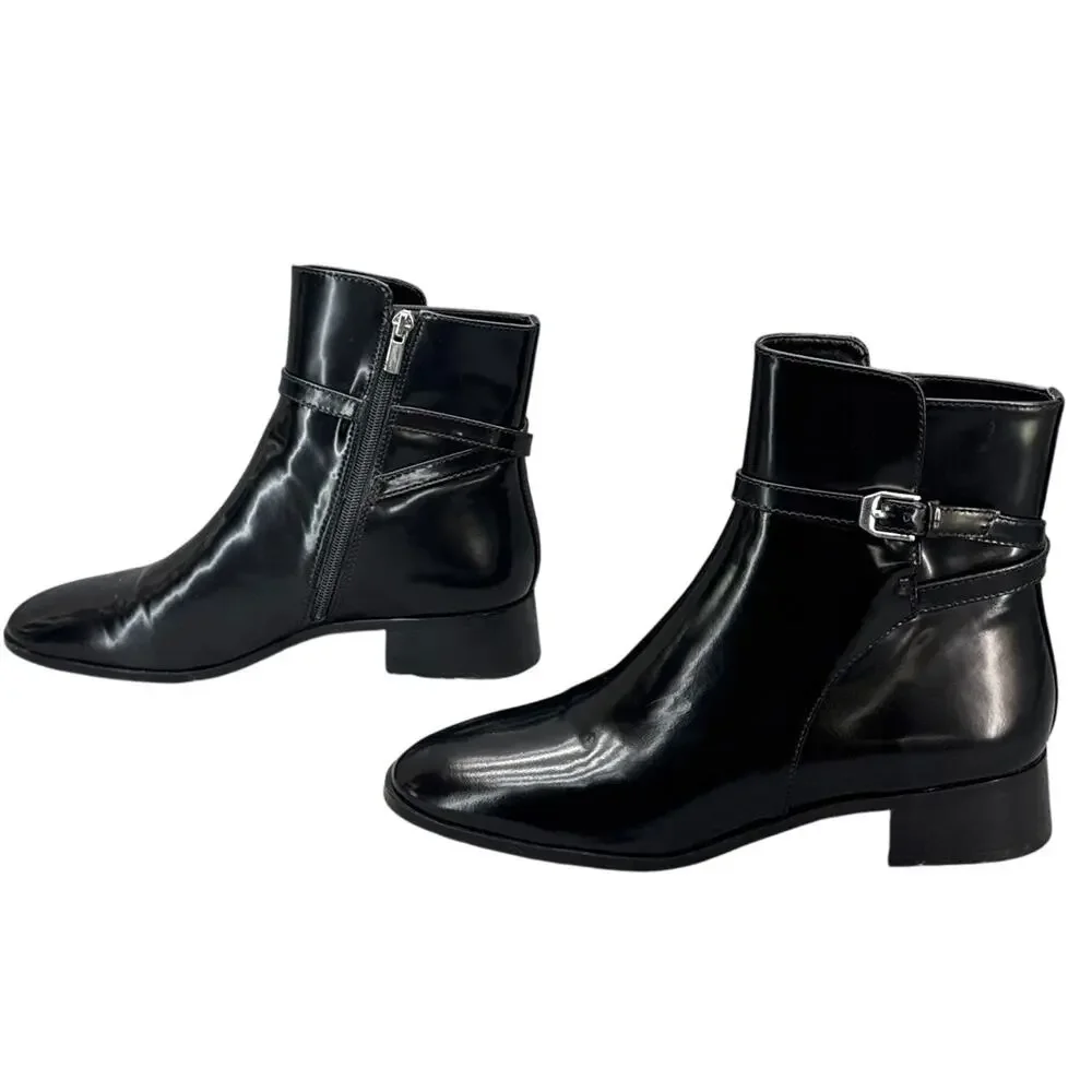 Ann Taylor Black Patent Leather Side Zip Wraparound Buckle Ankle Boot Women 10